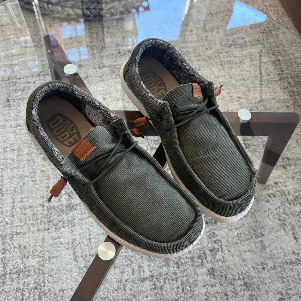 Hey Dude Men's Wally Corduroy Slip On Olive Green Casual Travel Solid Shoes Sz12